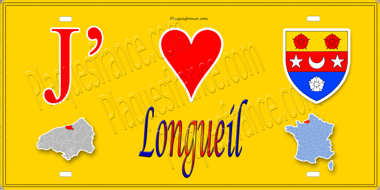 Plaque métal décorative  15x30J' ❤️ Longueil, Seine Maritime (76) jaune carte