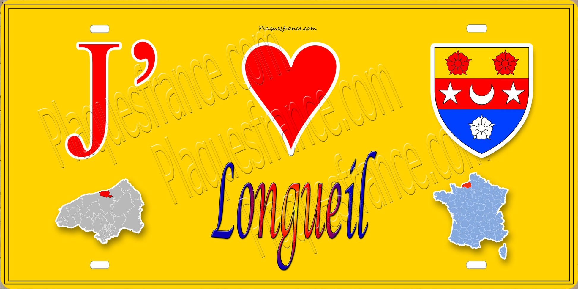 Plaque métal décorative  15x30J' ❤️ Longueil, Seine Maritime (76) jaune carte