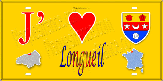 Plaque métal décorative  15x30J' ❤️ Longueil, Seine Maritime (76) jaune carte
