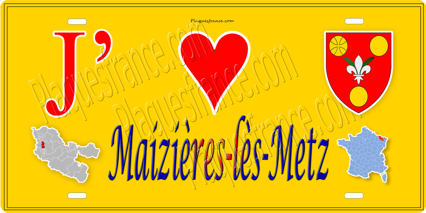 Plaque métal décorative 15 x 30 cm fond mur jaune carte J' ❤️ Maizières-lès-Metz, canton Le Sillon Mosellan Moselle 57