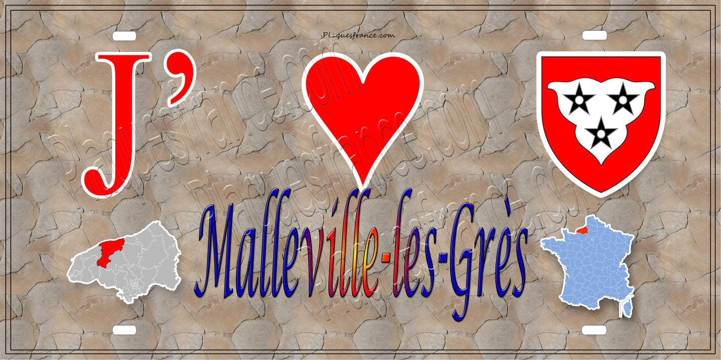 Plaque métal décorative 15X30 J' ❤️ Malleville-les-Grès, Seine Maritime (76) antique carte
