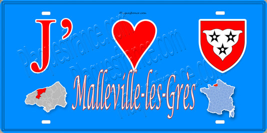 Plaque métal décorative 15X30 J' ❤️ Malleville-les-Grès, Seine Maritime (76) bleu carte