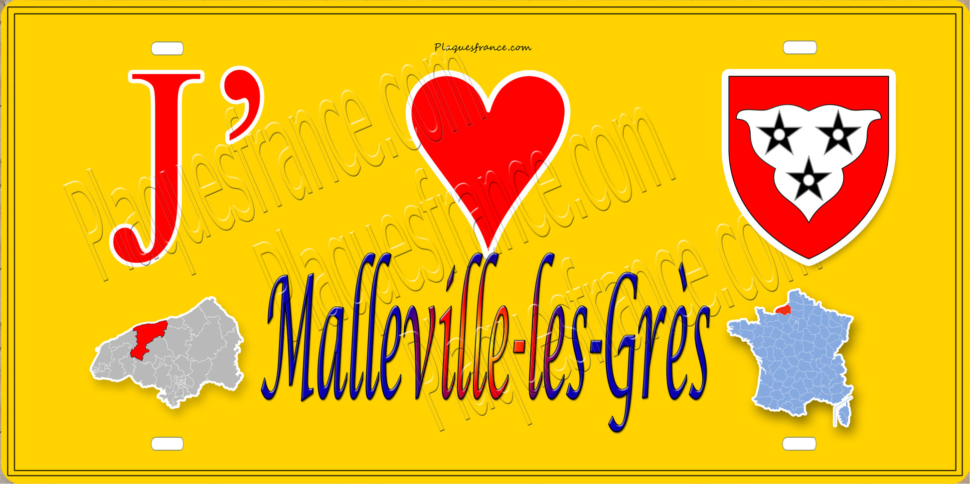 Plaque métal décorative 15X30 J' ❤️ Malleville-les-Grès, Seine Maritime (76) jaune carte
