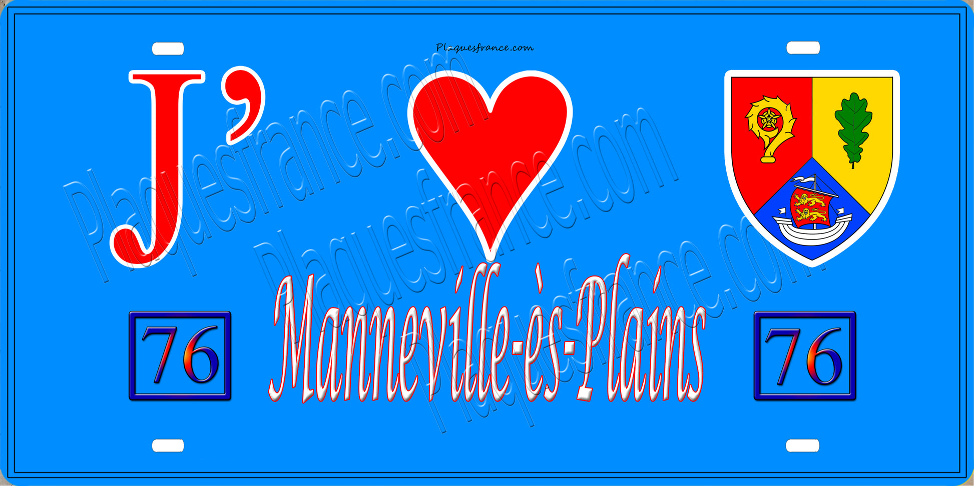 Plaque métal décorative 15X30 J' ❤️ Manneville-ès-Plains, Seine Maritime (76) bleu