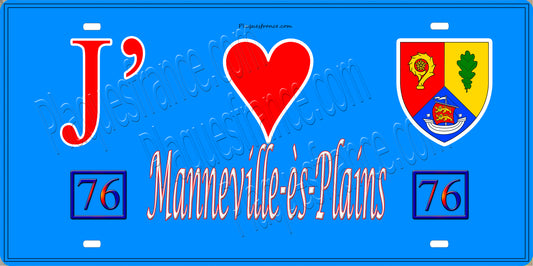 Plaque métal décorative 15X30 J' ❤️ Manneville-ès-Plains, Seine Maritime (76) bleu