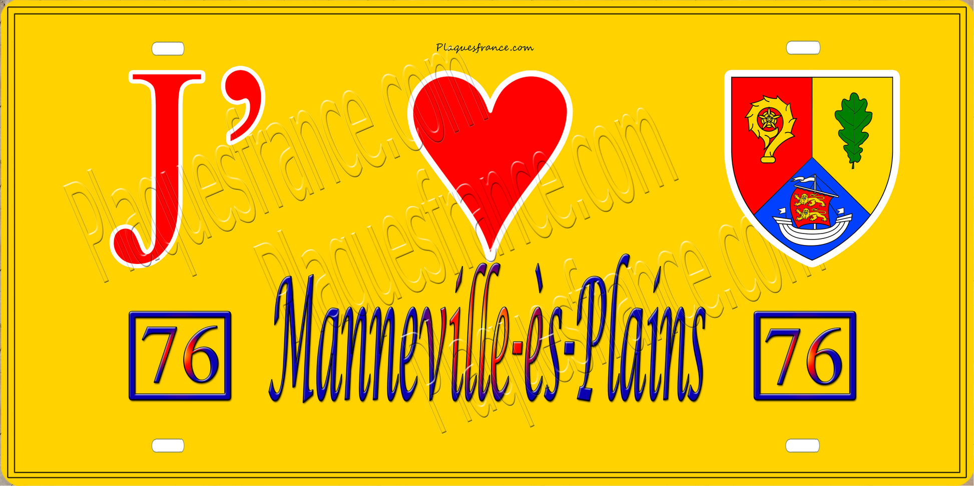 Plaque métal décorative 15X30 J' ❤️ Manneville-ès-Plains, Seine Maritime (76) jaune