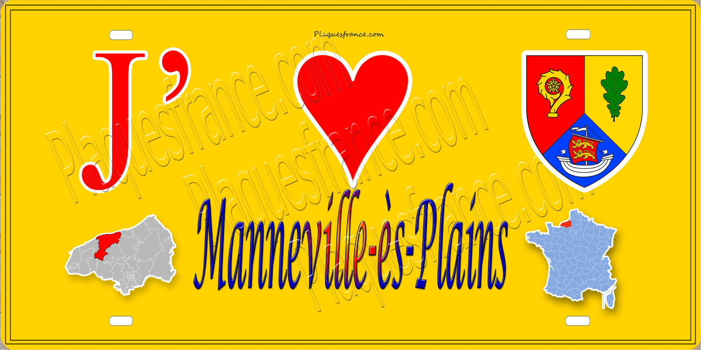 Plaque métal décorative 15X30 J' ❤️ Manneville-ès-Plains, Seine Maritime (76) jaune carte