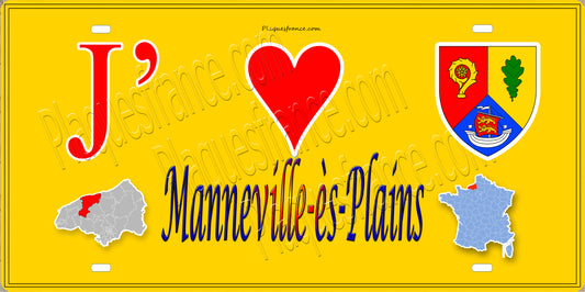 Plaque métal décorative 15X30 J' ❤️ Manneville-ès-Plains, Seine Maritime (76) jaune carte