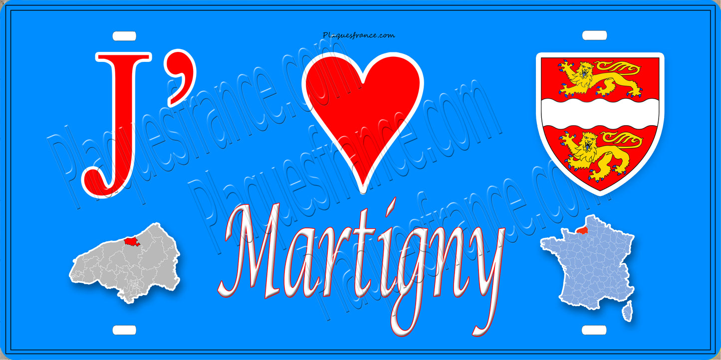 Plaque métal décorative  15x30J' ❤️ Martigny, Seine Maritime (76) bleu carte