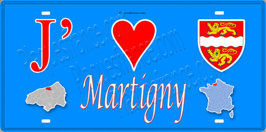 Plaque métal décorative  15x30J' ❤️ Martigny, Seine Maritime (76) bleu carte