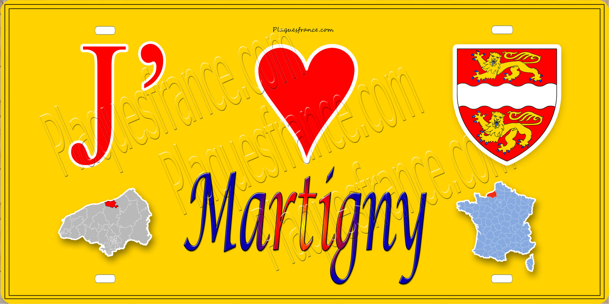 Plaque métal décorative  15x30J' ❤️ Martigny, Seine Maritime (76) jaune carte