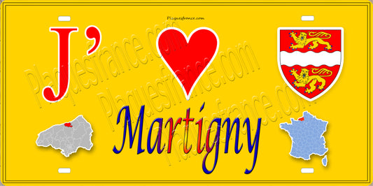 Plaque métal décorative  15x30J' ❤️ Martigny, Seine Maritime (76) jaune carte