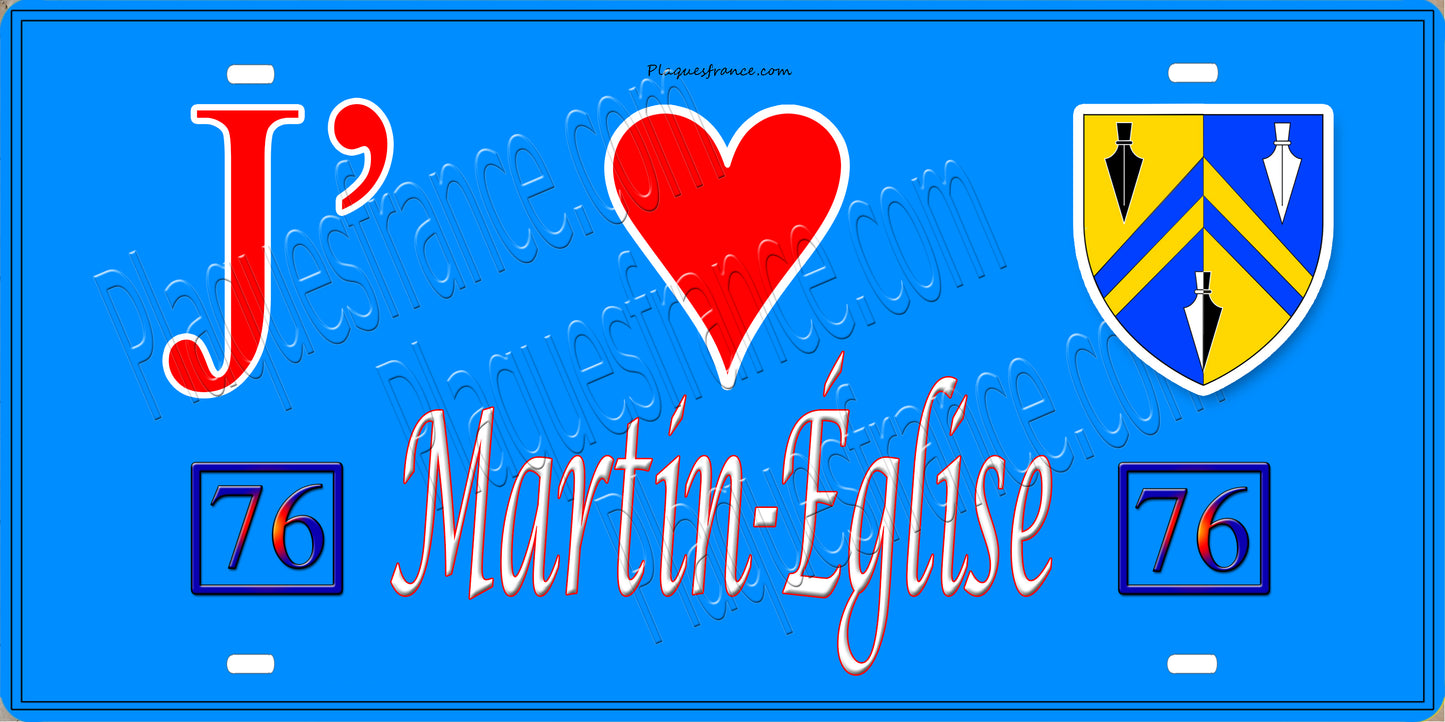 Plaque métal décorative 15x30 J' ❤️ Martin-Église, Seine Maritime (76) bleu