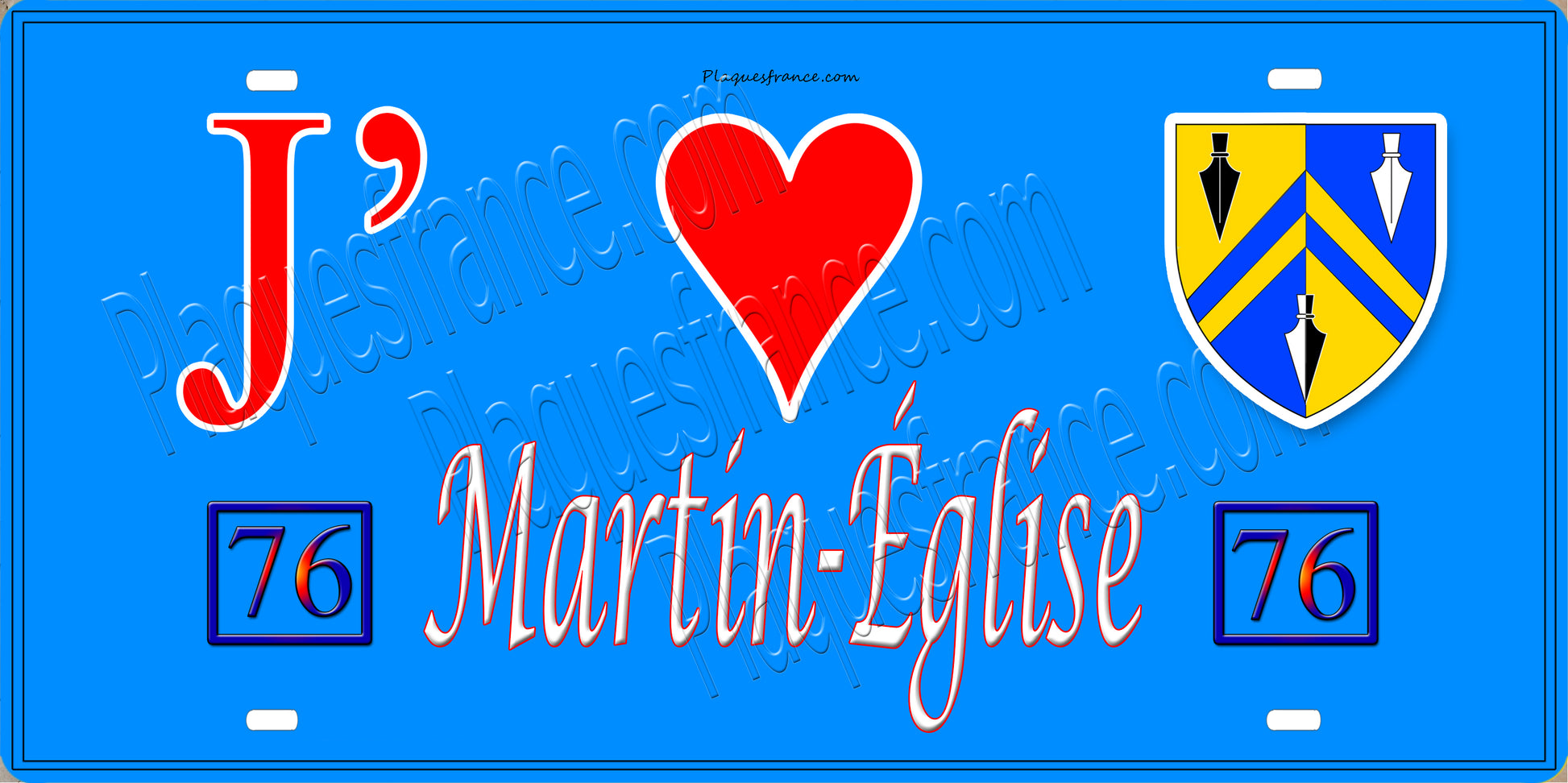 Plaque métal décorative 15x30 J' ❤️ Martin-Église, Seine Maritime (76) bleu