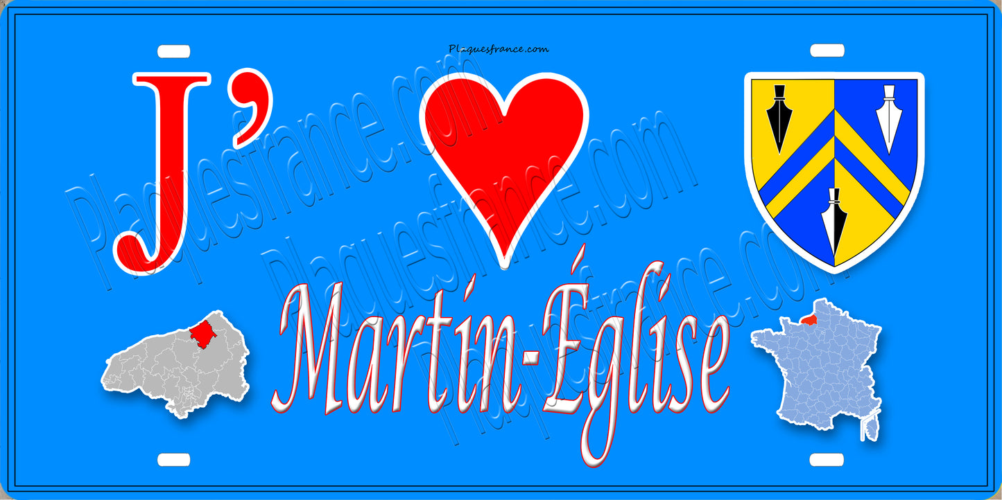 Plaque métal décorative 15x30 J' ❤️ Martin-Église, Seine Maritime (76) bleu carte