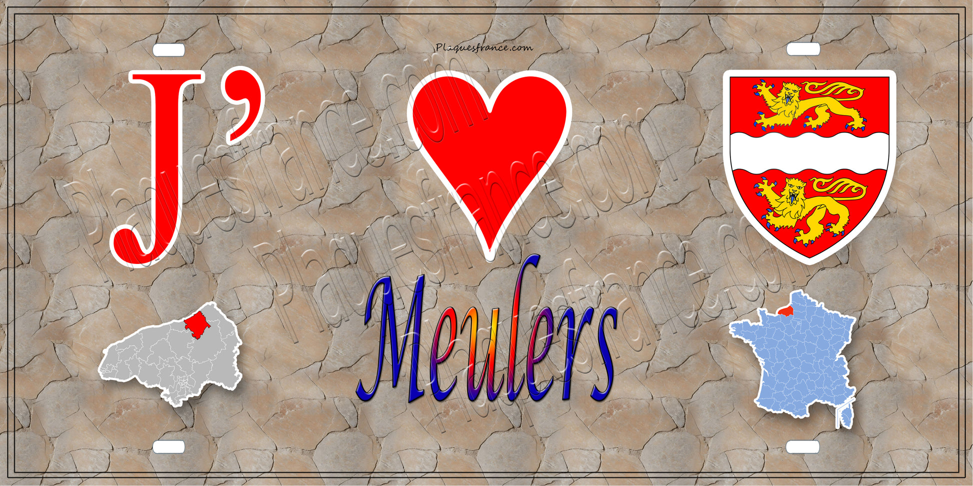 Plaque métal décorative 15x30 J' ❤️ Meulers, Seine Maritime (76) antique carte