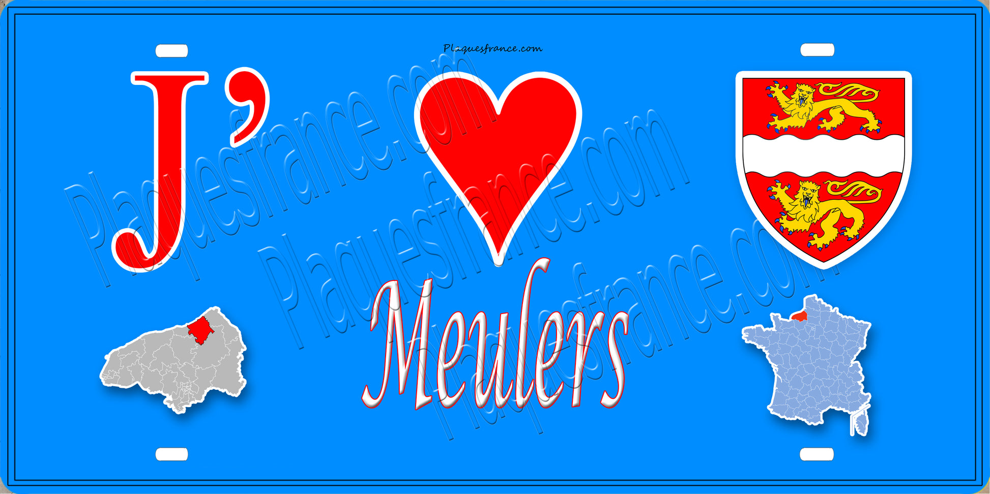 Plaque métal décorative 15x30 J' ❤️ Meulers, Seine Maritime (76) bleu carte