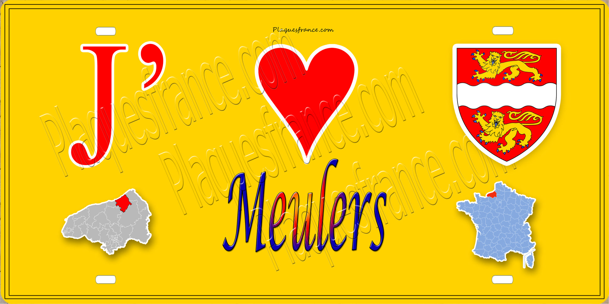 Plaque métal décorative 15x30 J' ❤️ Meulers, Seine Maritime (76) jaune carte