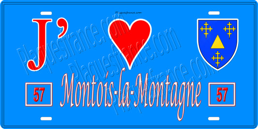 Plaque métal décorative    J' ❤️Montois-la-Montagne, mur bleu 57