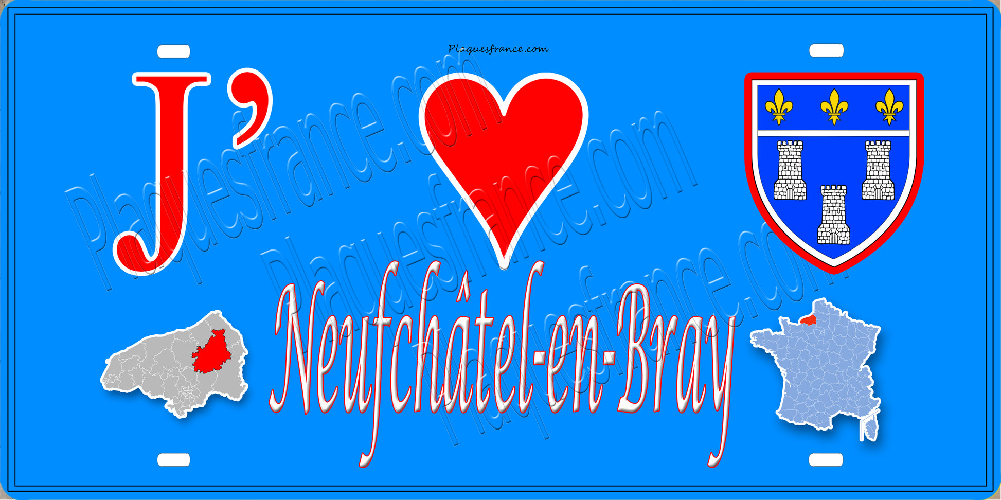 Plaque métal décorative 15X30 J' ❤️ Neufchatel en Bray, Seine Maritime (76) bleu carte