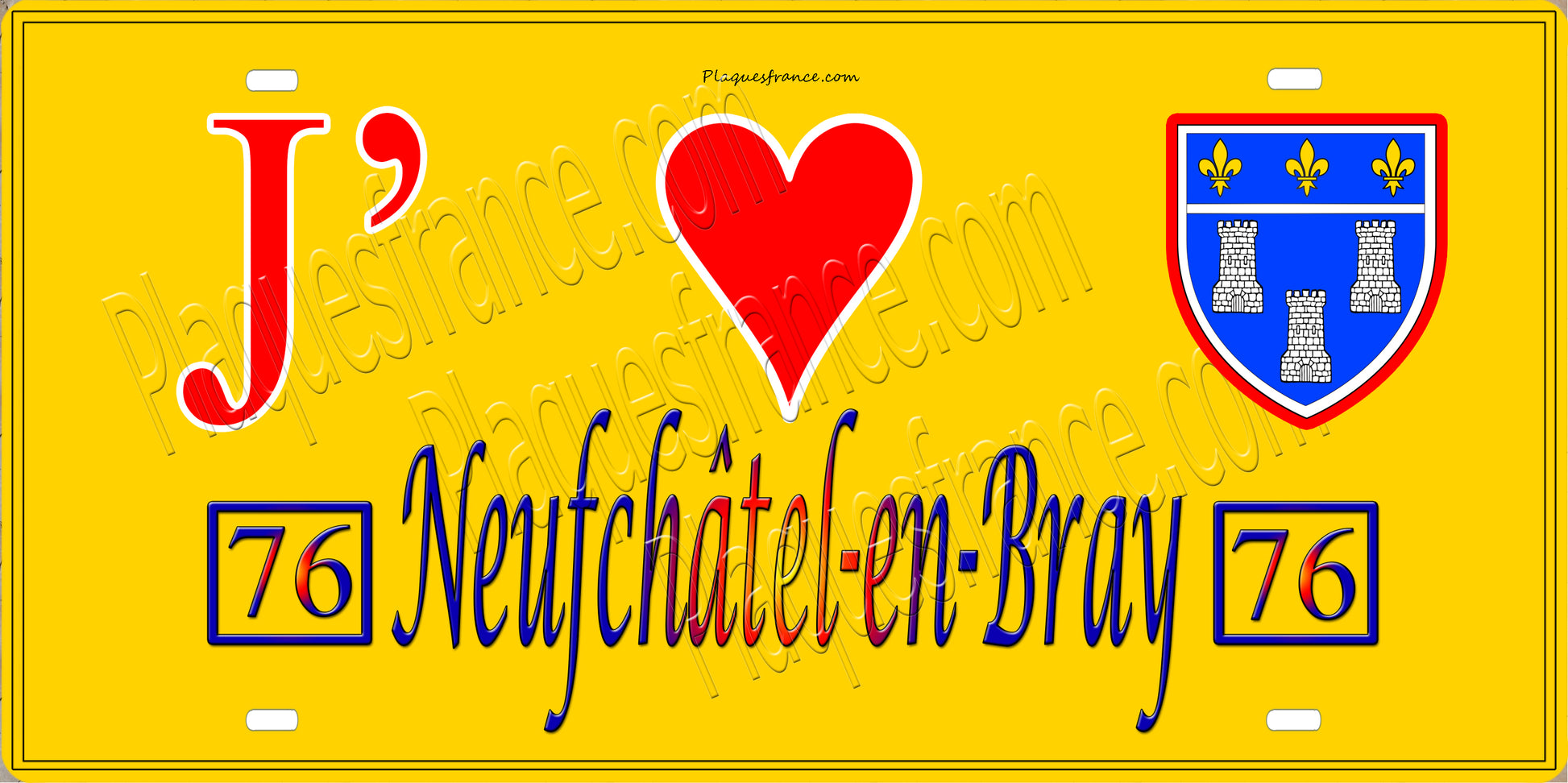 Plaque métal décorative 15X30 J' ❤️ Neufchatel en Bray, Seine Maritime (76) jaune