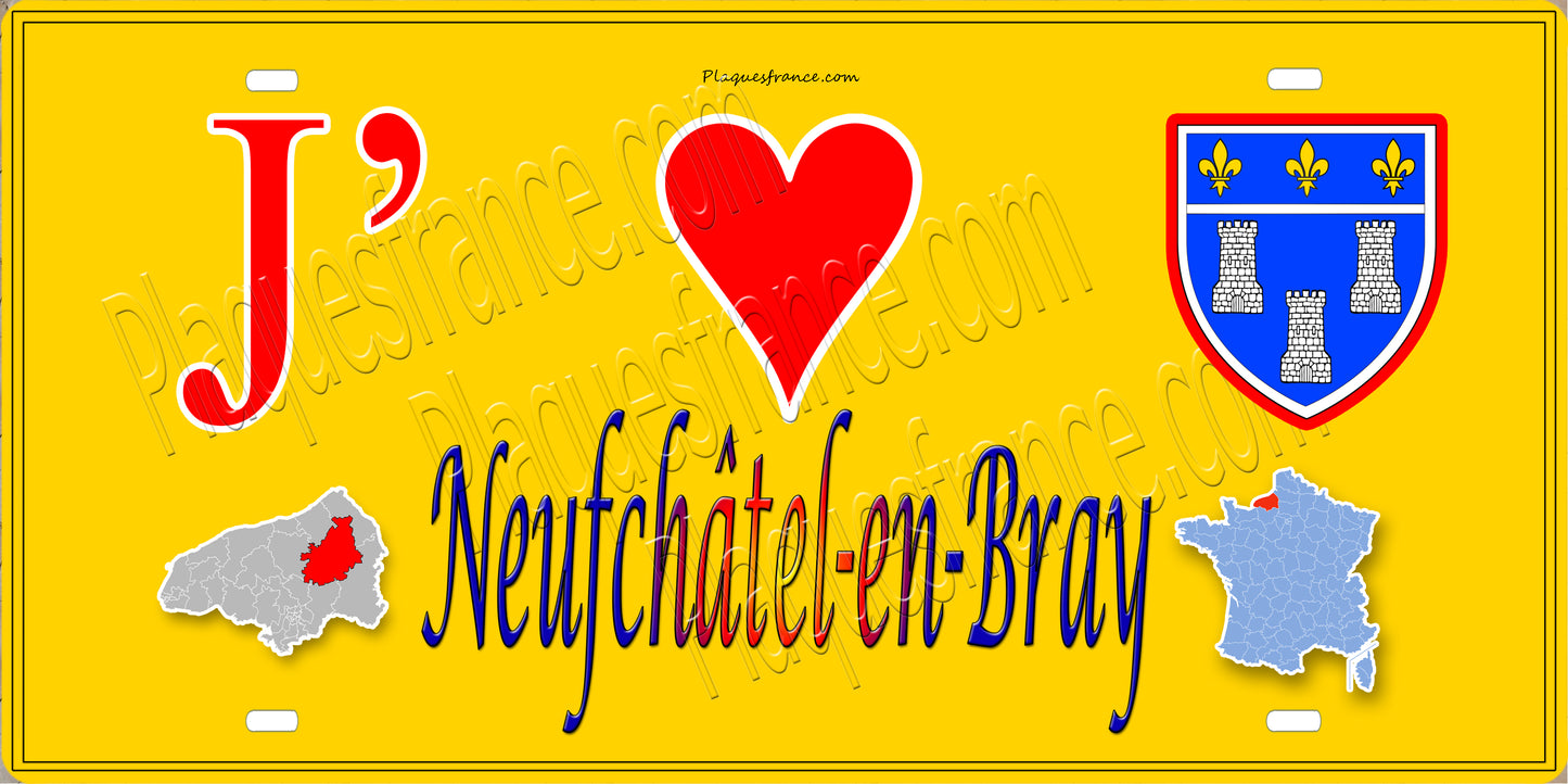 Plaque métal décorative 15X30 J' ❤️ Neufchatel en Bray, Seine Maritime (76) jaune carte