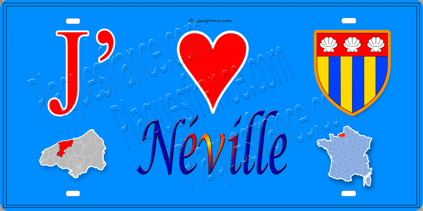 Plaque métal décorative 15X30 J' ❤️ Néville, Seine Maritime (76) bleu carte