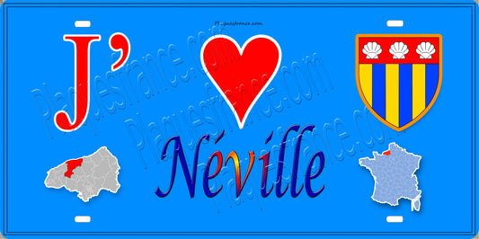 Plaque métal décorative 15X30 J' ❤️ Néville, Seine Maritime (76) bleu carte