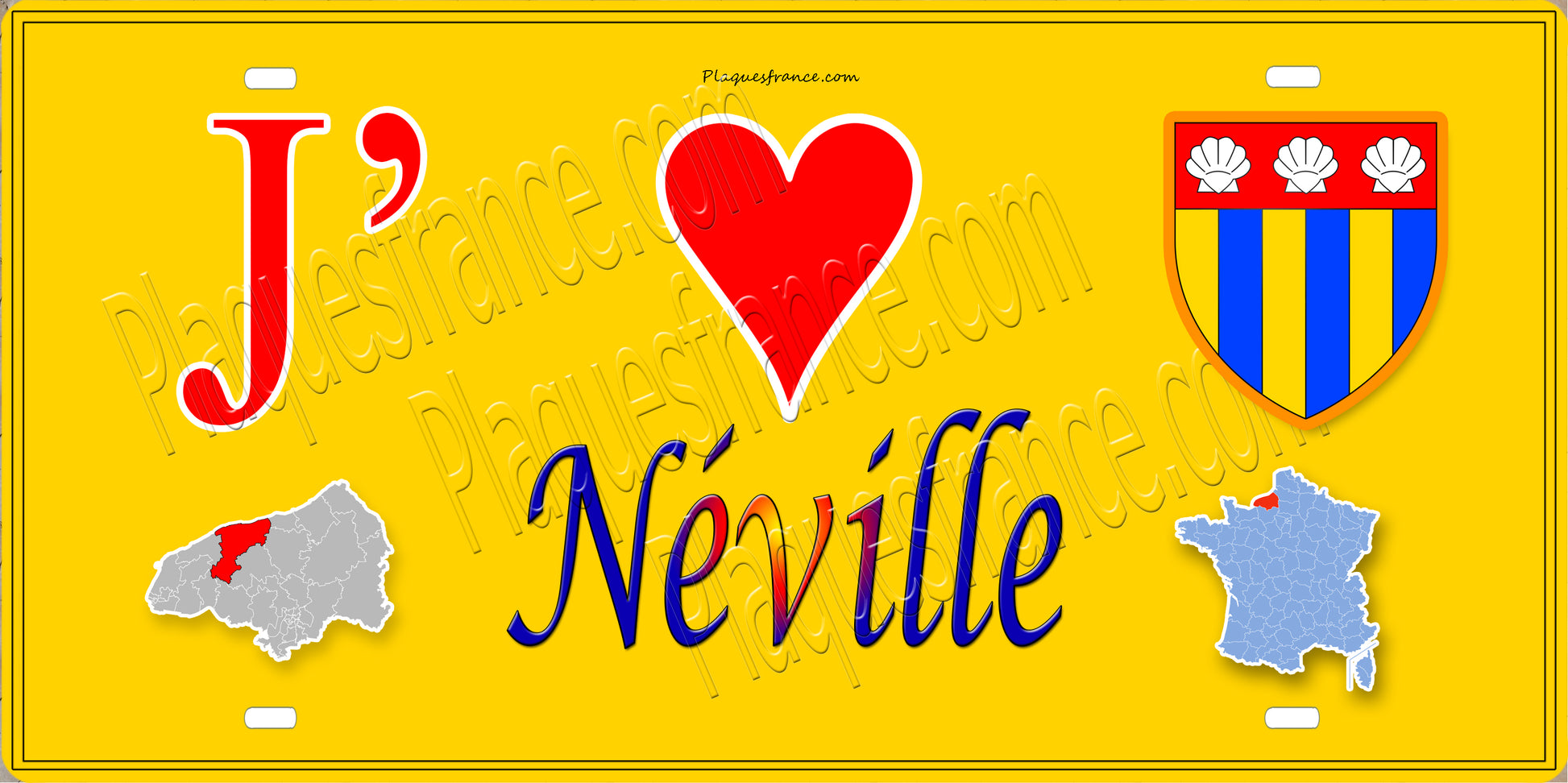 Plaque métal décorative 15X30 J' ❤️ Néville, Seine Maritime (76) jaune carte