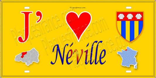 Plaque métal décorative 15X30 J' ❤️ Néville, Seine Maritime (76) jaune carte