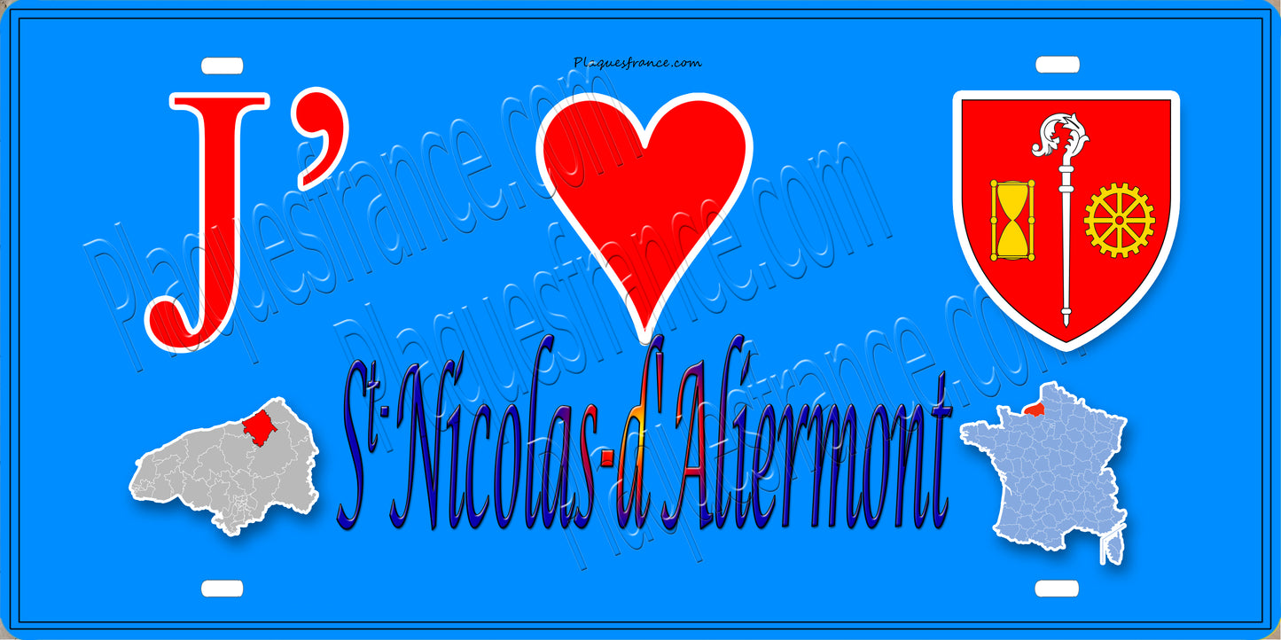 Plaque métal décorative 15x30 J' ❤️ Saint-Nicolas-d’Aliermont, Seine Maritime (76) bleu carte
