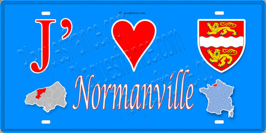 Plaque métal décorative 15X30 J' ❤️ Normanville, Seine Maritime (76) bleu carte