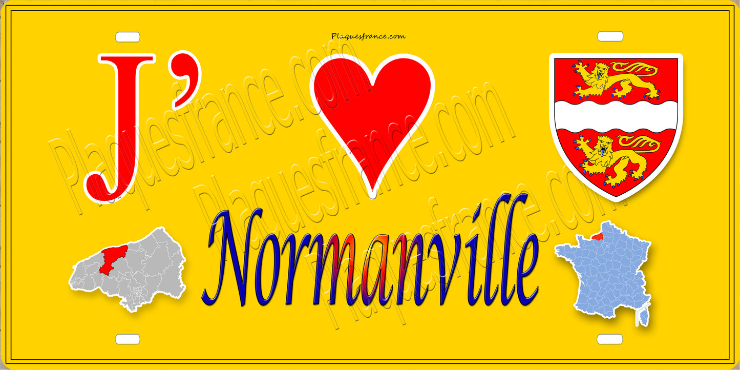 Plaque métal décorative 15X30 J' ❤️ Normanville, Seine Maritime (76) jaune carte