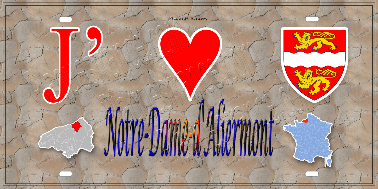 Plaque métal décorative 15x30 J' ❤️ Notre-Dame-d'Aliermont, Seine Maritime (76) antique carte