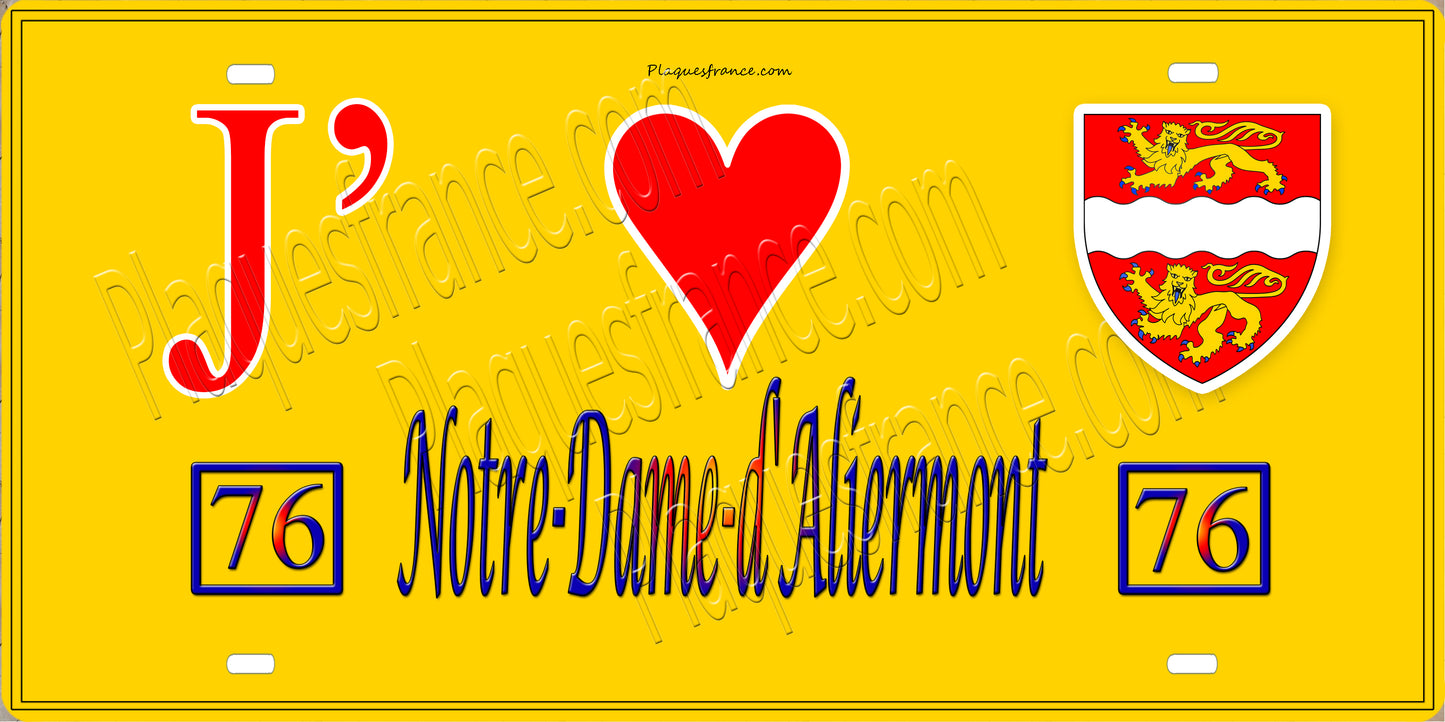 Plaque métal décorative 15x30 J' ❤️ Notre-Dame-d'Aliermont, Seine Maritime (76) jaune