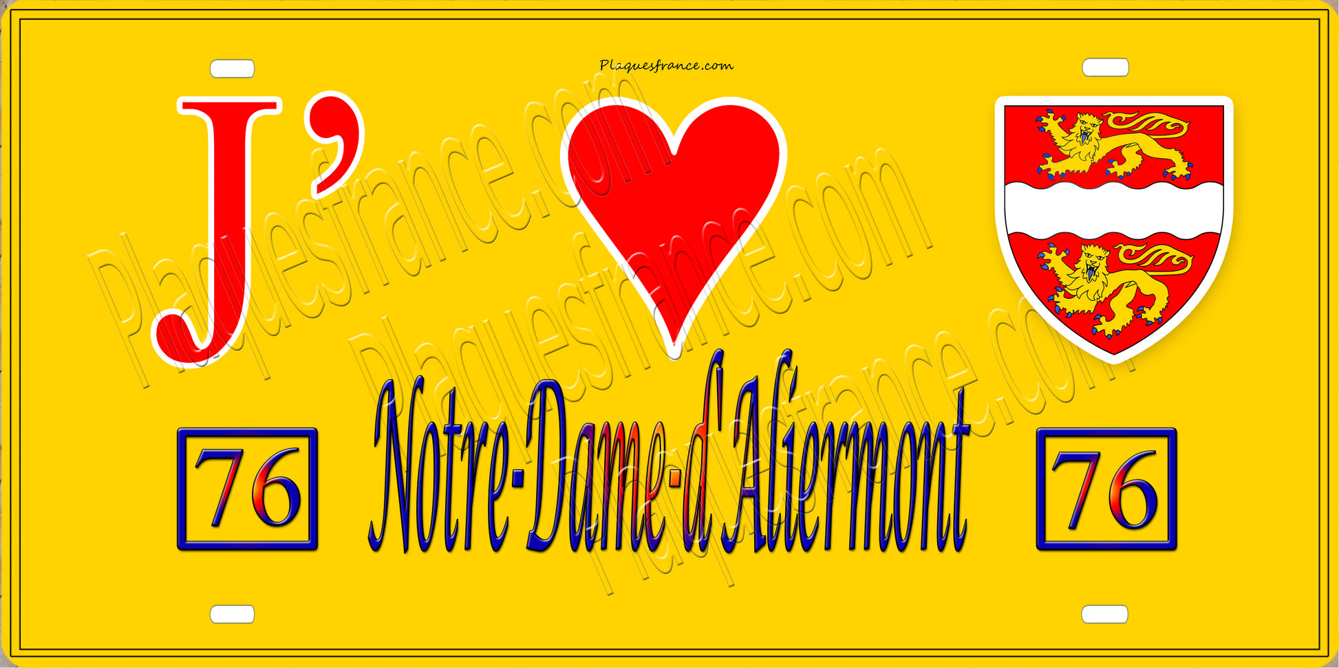 Plaque métal décorative 15x30 J' ❤️ Notre-Dame-d'Aliermont, Seine Maritime (76) jaune