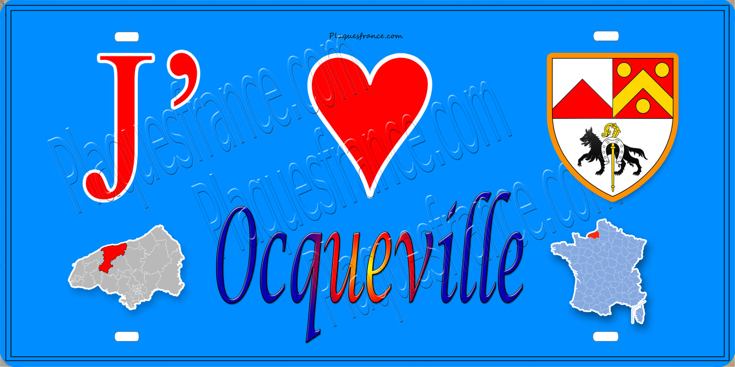 Plaque métal décorative 15X30 J' ❤️ Ocqueville, Seine Maritime (76) bleu carte