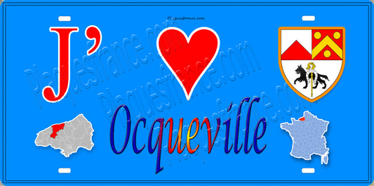 Plaque métal décorative 15X30 J' ❤️ Ocqueville, Seine Maritime (76) bleu carte