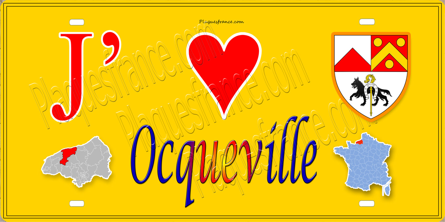 Plaque métal décorative 15X30 J' ❤️ Ocqueville, Seine Maritime (76) jaune carte