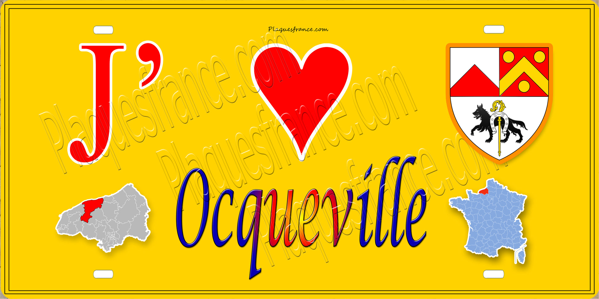 Plaque métal décorative 15X30 J' ❤️ Ocqueville, Seine Maritime (76) jaune carte