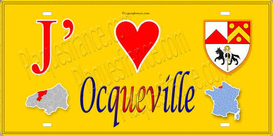 Plaque métal décorative 15X30 J' ❤️ Ocqueville, Seine Maritime (76) jaune carte