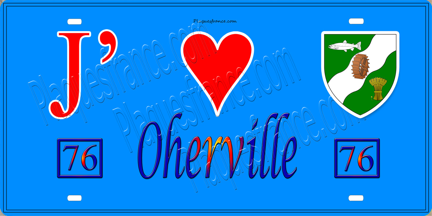 Plaque métal décorative 15X30 J' ❤️ Oherville, Seine Maritime (76) bleu