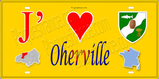 Plaque métal décorative 15X30 J' ❤️ Oherville, Seine Maritime (76) jaune carte