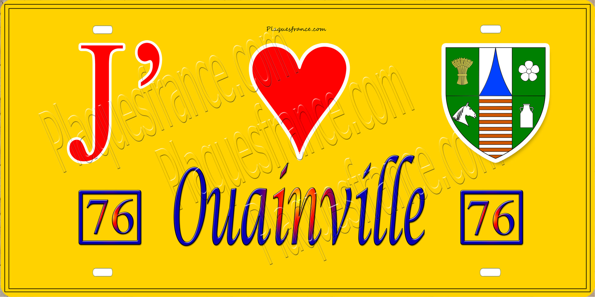 Plaque métal décorative 15X30 J' ❤️ Ouainville, Seine Maritime (76) jaune