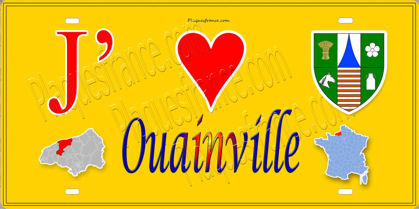 Plaque métal décorative 15X30 J' ❤️ Ouainville, Seine Maritime (76) jaune carte
