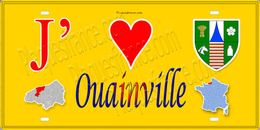 Plaque métal décorative 15X30 J' ❤️ Ouainville, Seine Maritime (76) jaune carte