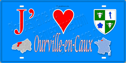 Plaque métal décorative 15X30 J' ❤️ Ourville-en-Caux, Seine Maritime (76) bleu carte