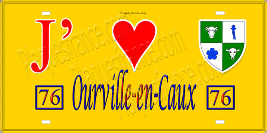 Plaque métal décorative 15X30 J' ❤️ Ourville-en-Caux, Seine Maritime (76) jaune