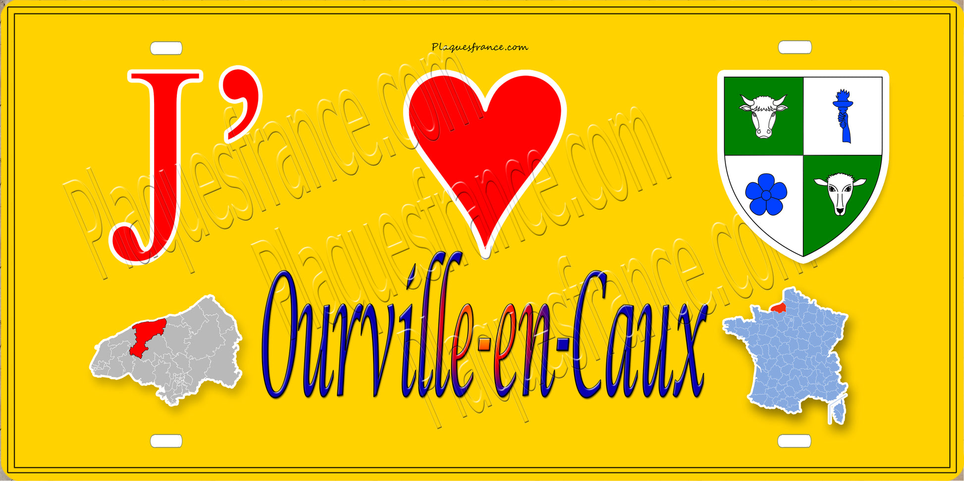Plaque métal décorative 15X30 J' ❤️ Ourville-en-Caux, Seine Maritime (76) jaune carte