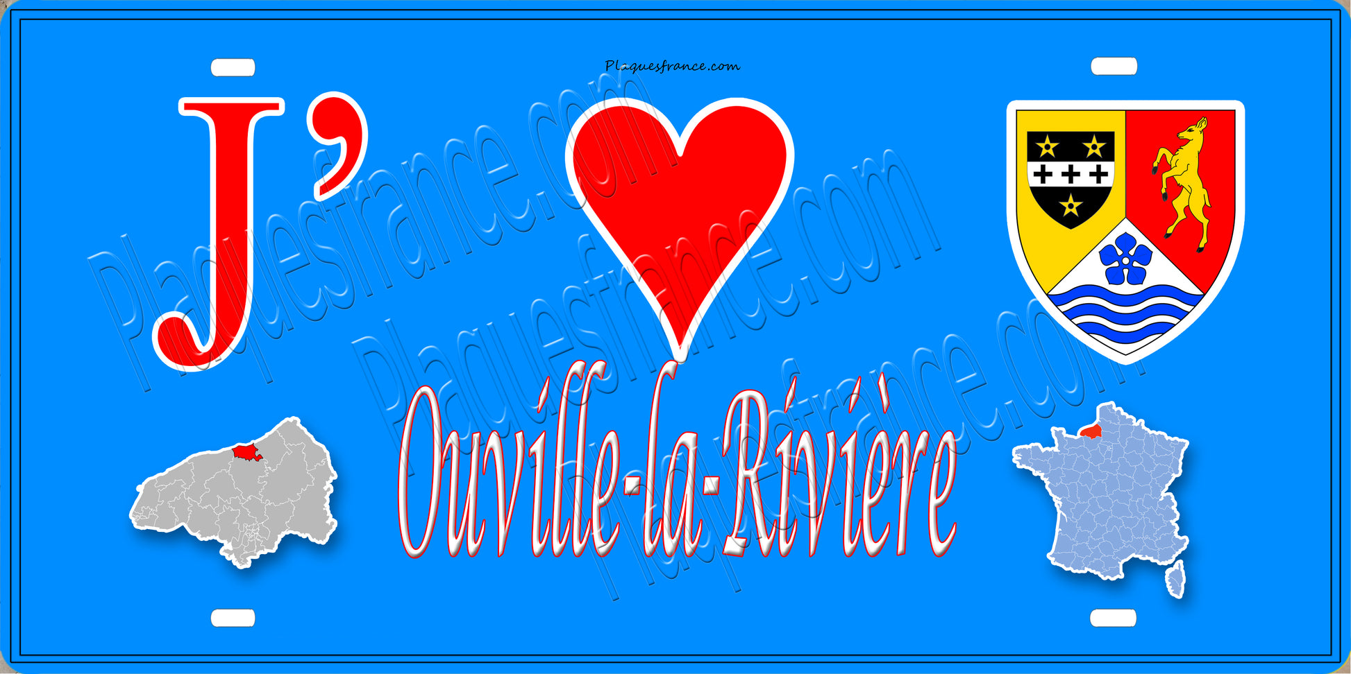 Plaque métal décorative 15x30 J' ❤️ Ouville-la-Rivière, Seine Maritime (76) bleu carte